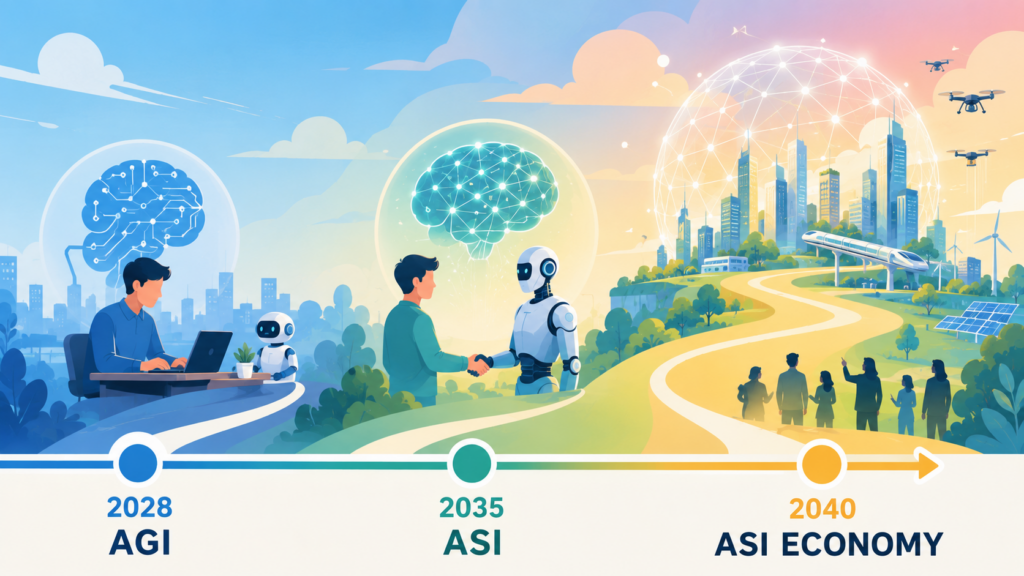 AGI（2028年）→ASI（2035年）→ASI Economy（2040年）